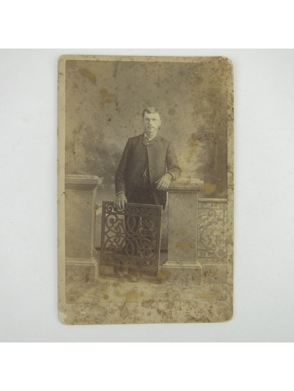 Cabinet Card Photograph Man Suit at Gate Schnell Photographer Troy Ohio Antique
